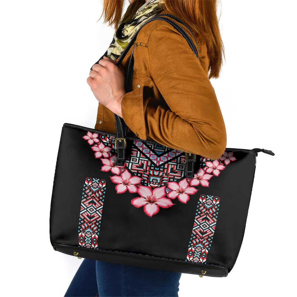 Africa Adenium Multiflorum Flowers Leather Tote Bag Mix Native Tribal Pattern - Wonder Print Shop