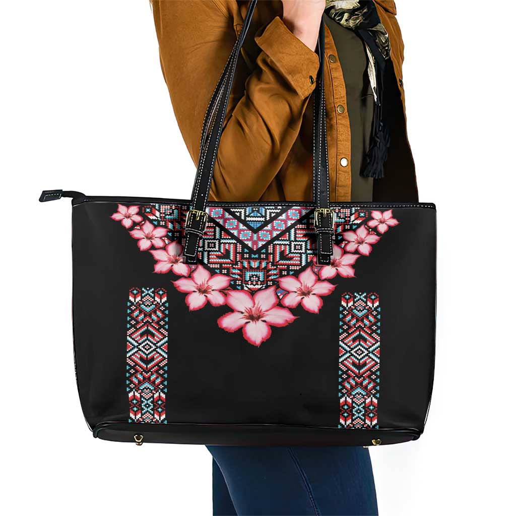 Africa Adenium Multiflorum Flowers Leather Tote Bag Mix Native Tribal Pattern - Wonder Print Shop