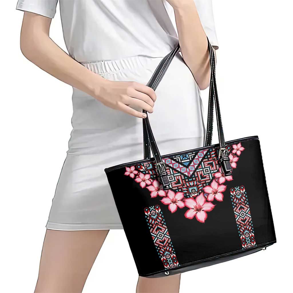 Africa Adenium Multiflorum Flowers Leather Tote Bag Mix Native Tribal Pattern - Wonder Print Shop