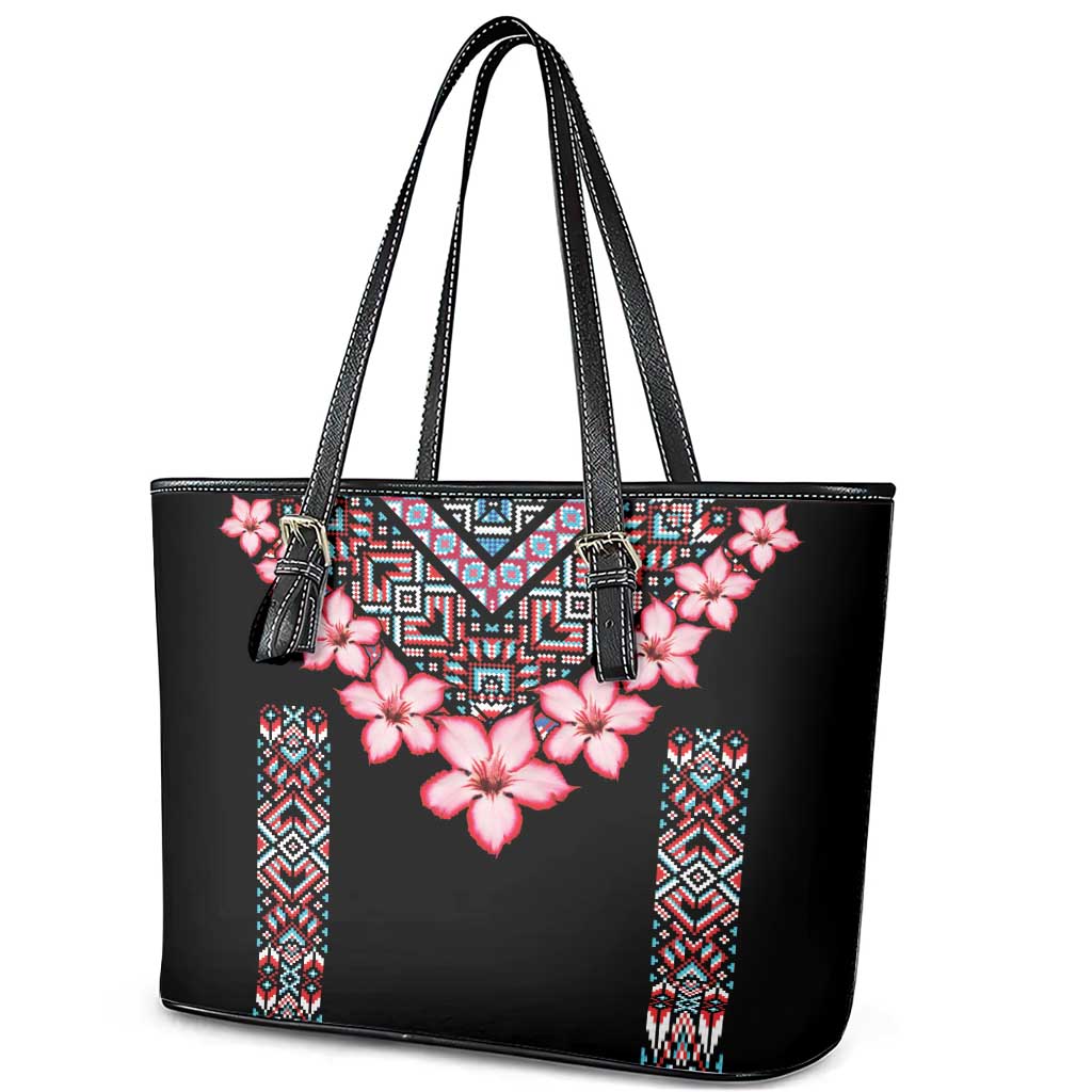 Africa Adenium Multiflorum Flowers Leather Tote Bag Mix Native Tribal Pattern - Wonder Print Shop