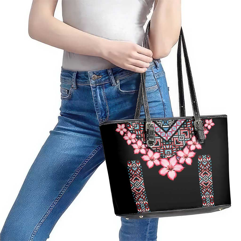 Africa Adenium Multiflorum Flowers Leather Tote Bag Mix Native Tribal Pattern - Wonder Print Shop
