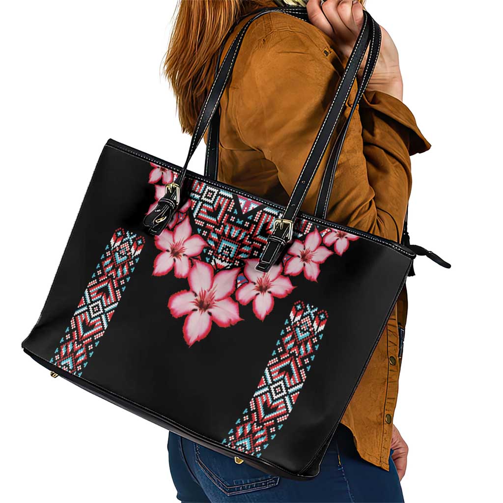Africa Adenium Multiflorum Flowers Leather Tote Bag Mix Native Tribal Pattern - Wonder Print Shop