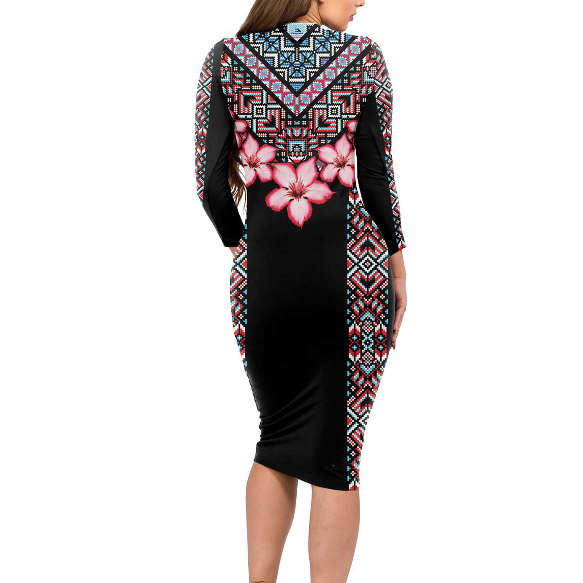 Africa Adenium Multiflorum Flowers Long Sleeve Bodycon Dress Mix Native Tribal Pattern - Wonder Print Shop