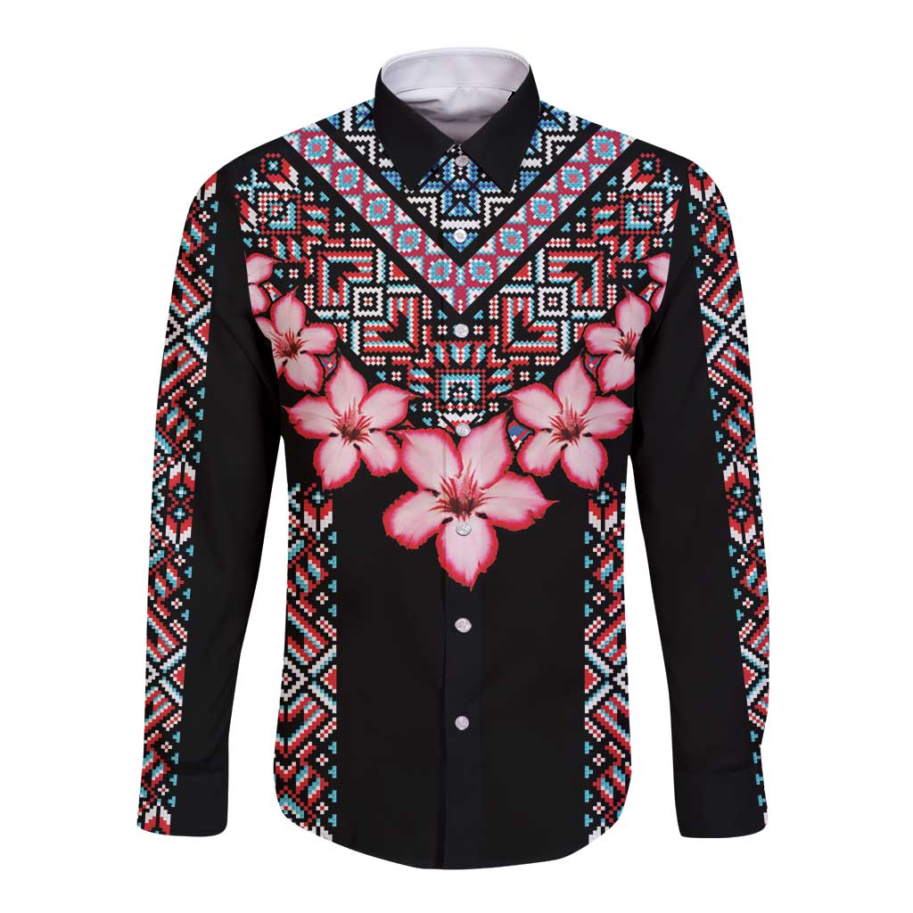 Africa Adenium Multiflorum Flowers Long Sleeve Button Shirt Mix Native Tribal Pattern - Wonder Print Shop