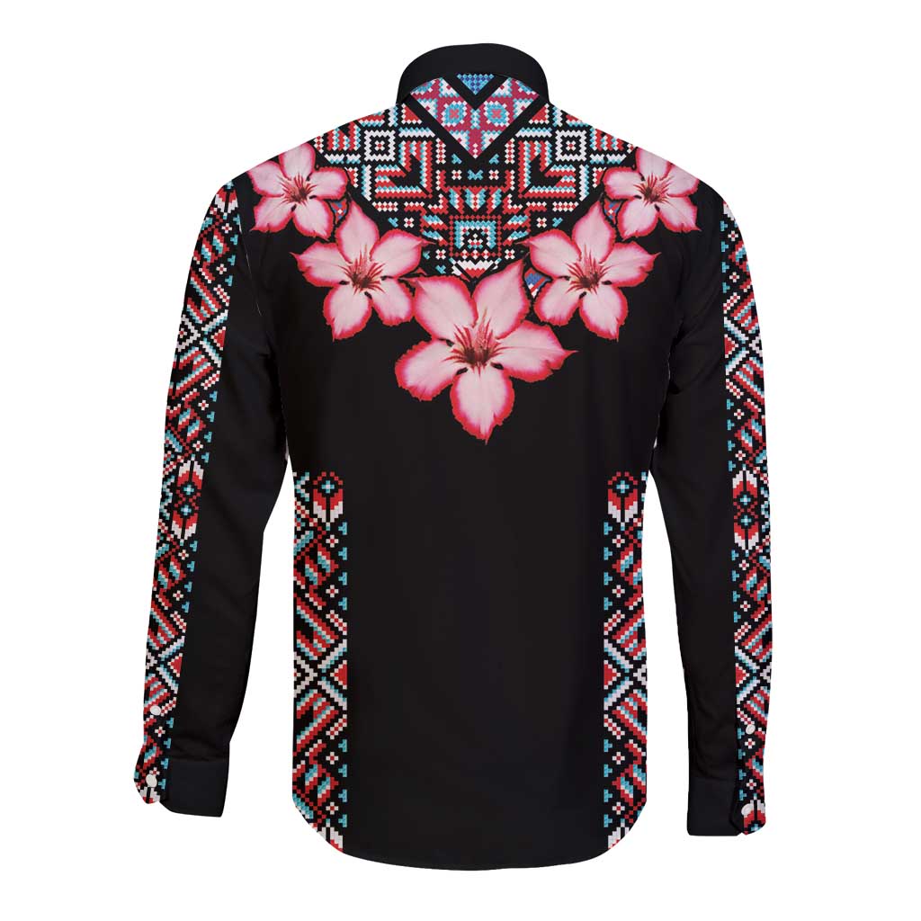 Africa Adenium Multiflorum Flowers Long Sleeve Button Shirt Mix Native Tribal Pattern - Wonder Print Shop