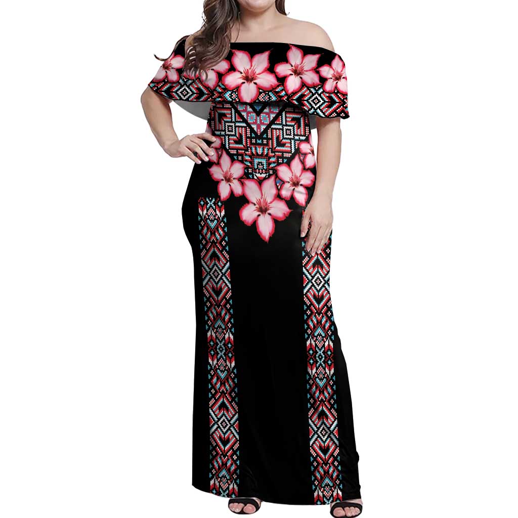 Africa Adenium Multiflorum Flowers Off Shoulder Maxi Dress Mix Native Tribal Pattern - Wonder Print Shop