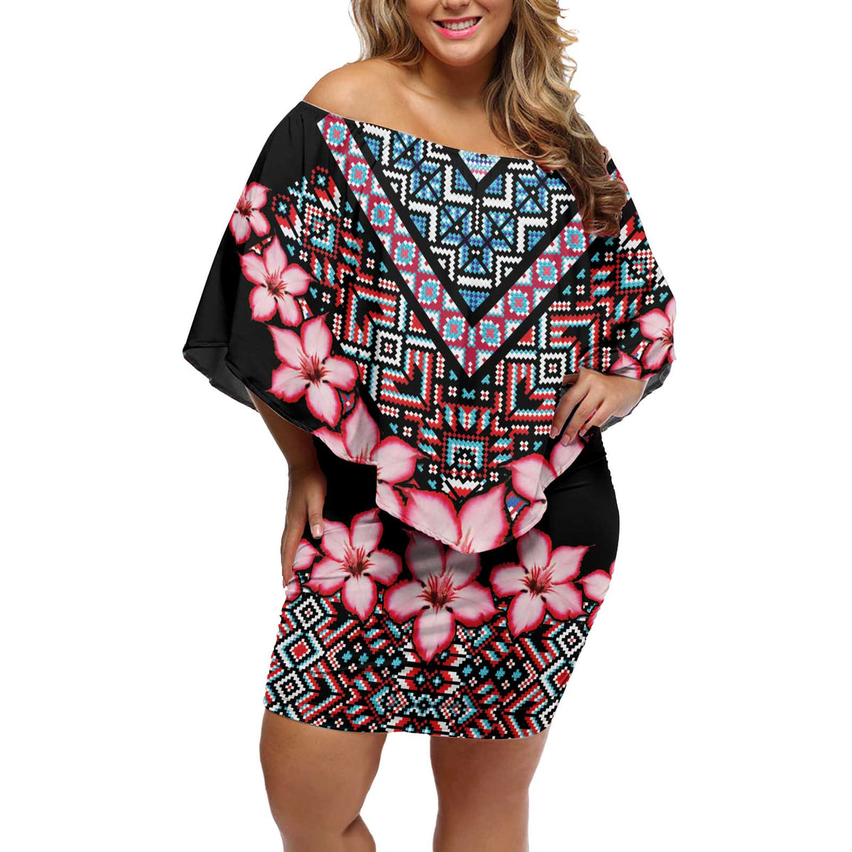Africa Adenium Multiflorum Flowers Off Shoulder Short Dress Mix Native Tribal Pattern - Wonder Print Shop