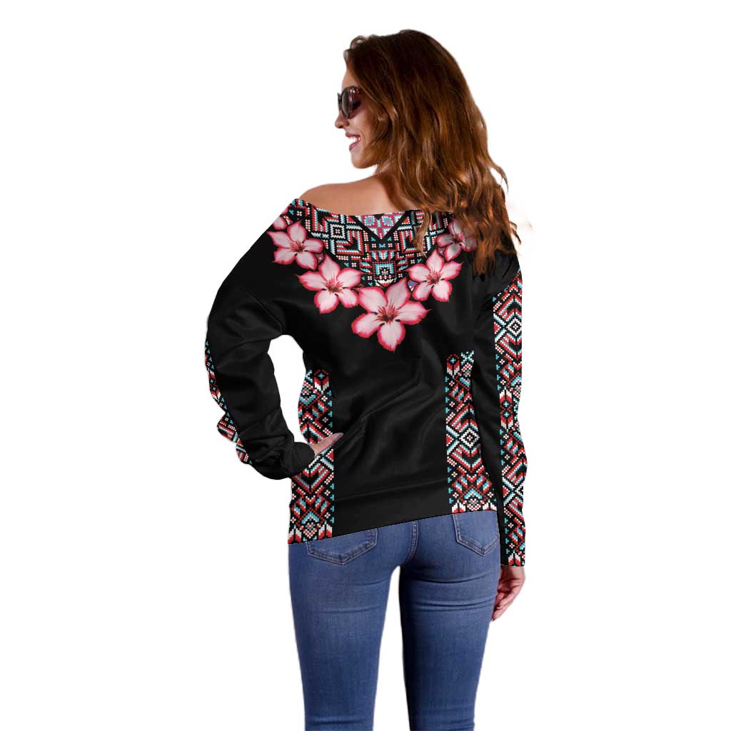 Africa Adenium Multiflorum Flowers Off Shoulder Sweater Mix Native Tribal Pattern - Wonder Print Shop