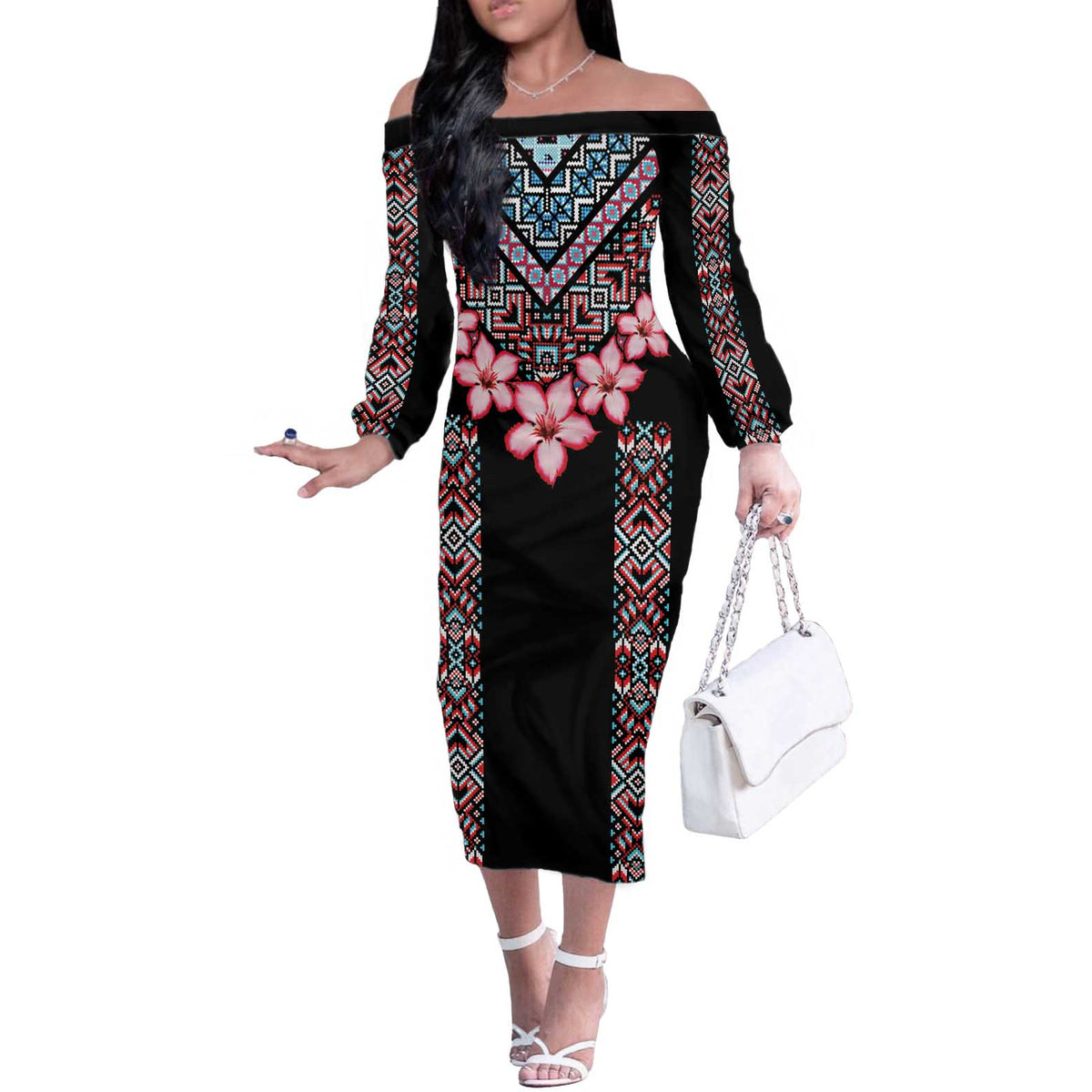Africa Adenium Multiflorum Flowers Off The Shoulder Long Sleeve Dress Mix Native Tribal Pattern - Wonder Print Shop