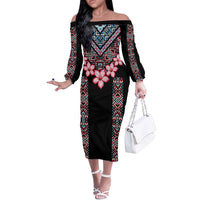 Africa Adenium Multiflorum Flowers Off The Shoulder Long Sleeve Dress Mix Native Tribal Pattern - Wonder Print Shop