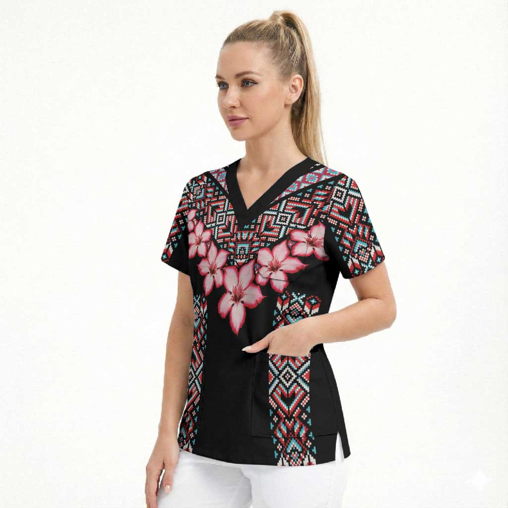 Africa Adenium Multiflorum Flowers Scrub Top Mix Native Tribal Pattern