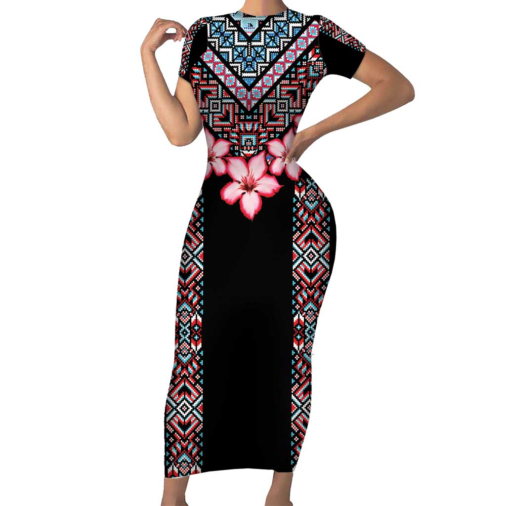 Africa Adenium Multiflorum Flowers Short Sleeve Bodycon Dress Mix Native Tribal Pattern - Wonder Print Shop