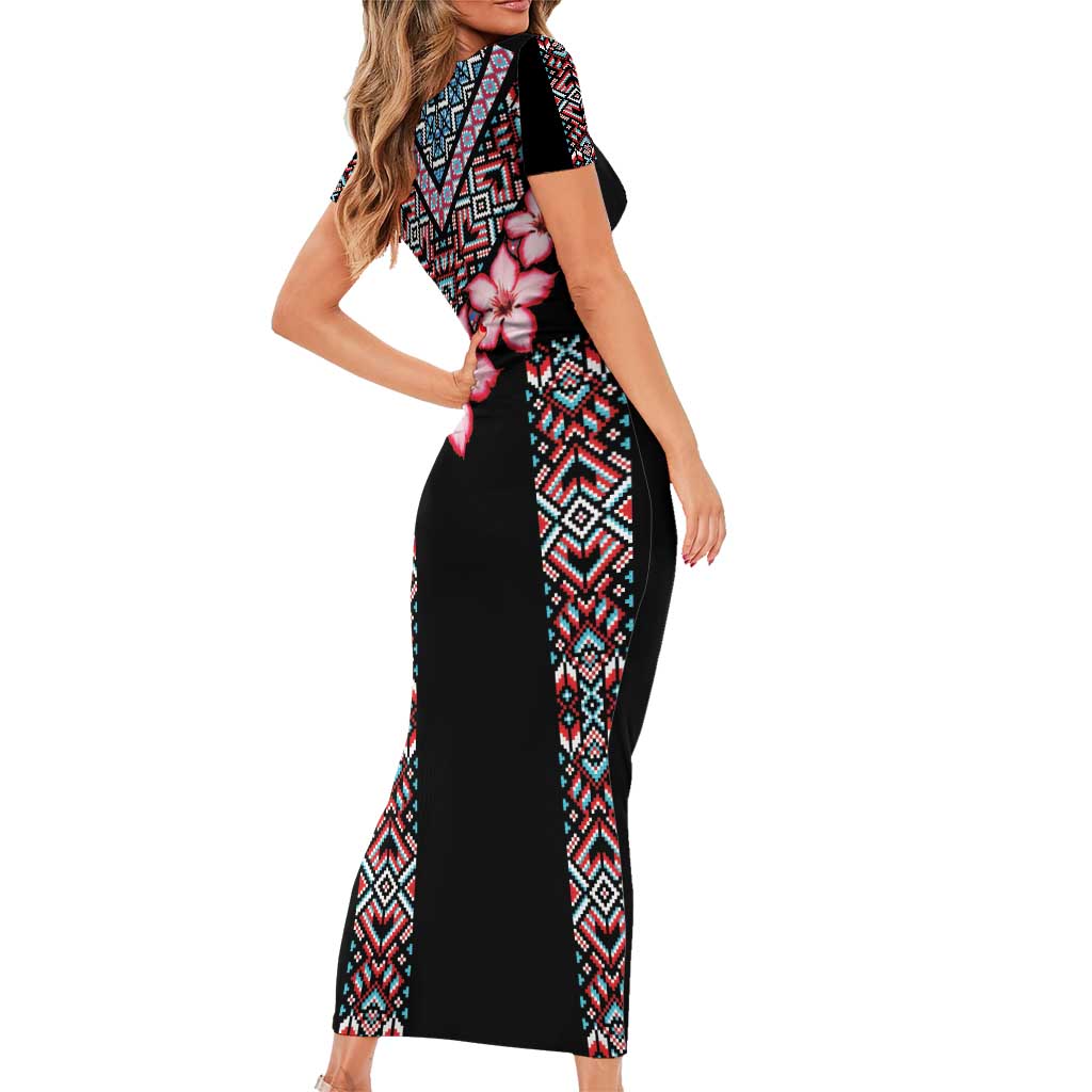 Africa Adenium Multiflorum Flowers Short Sleeve Bodycon Dress Mix Native Tribal Pattern - Wonder Print Shop