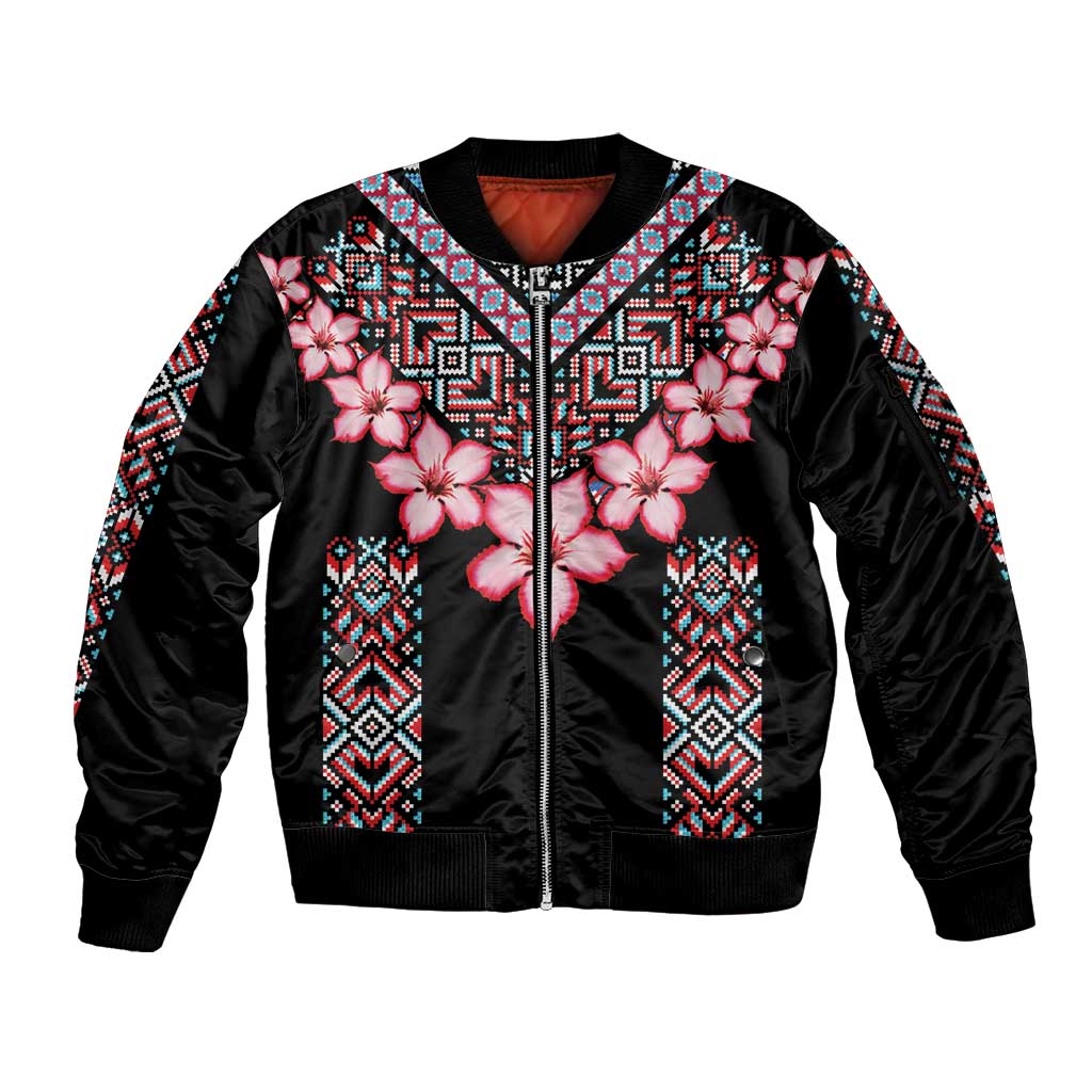 Africa Adenium Multiflorum Flowers Sleeve Zip Bomber Jacket Mix Native Tribal Pattern - Wonder Print Shop