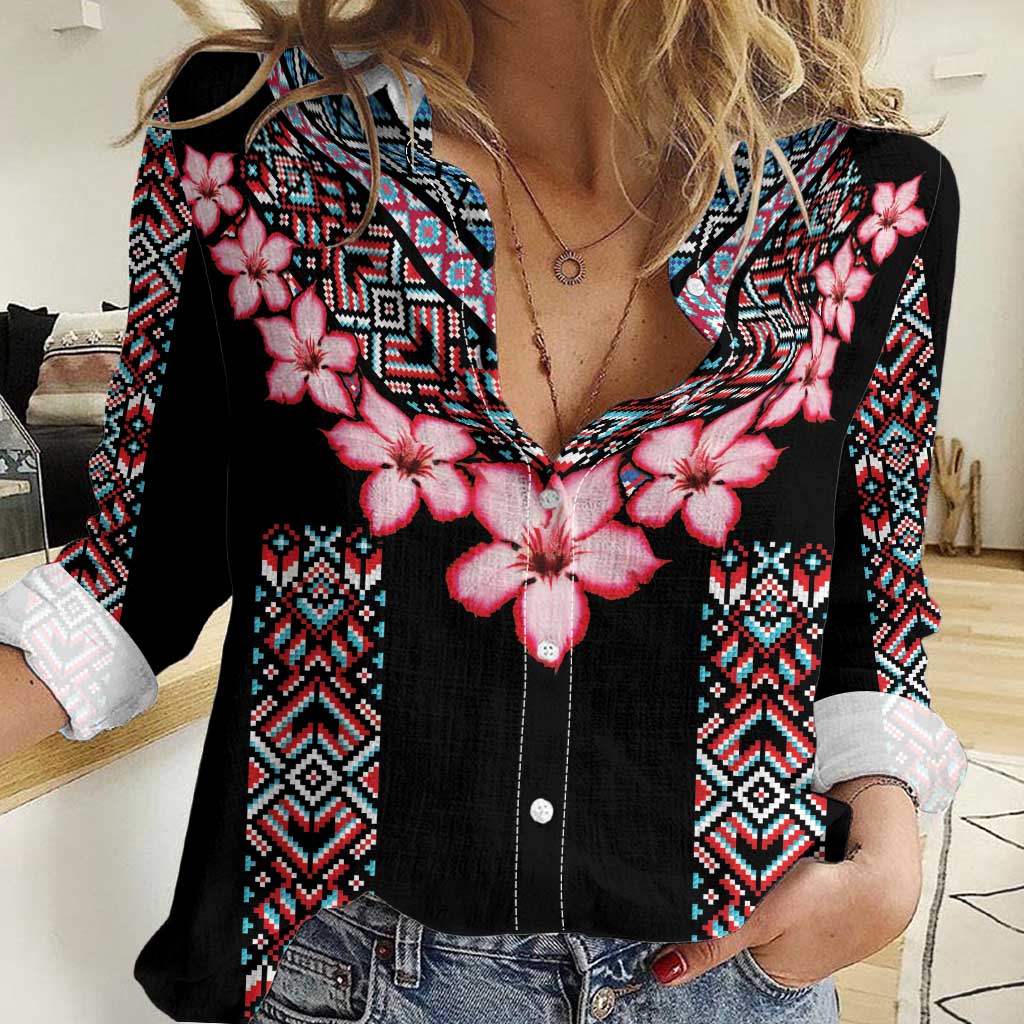 Africa Adenium Multiflorum Flowers Women Casual Shirt Mix Native Tribal Pattern - Wonder Print Shop