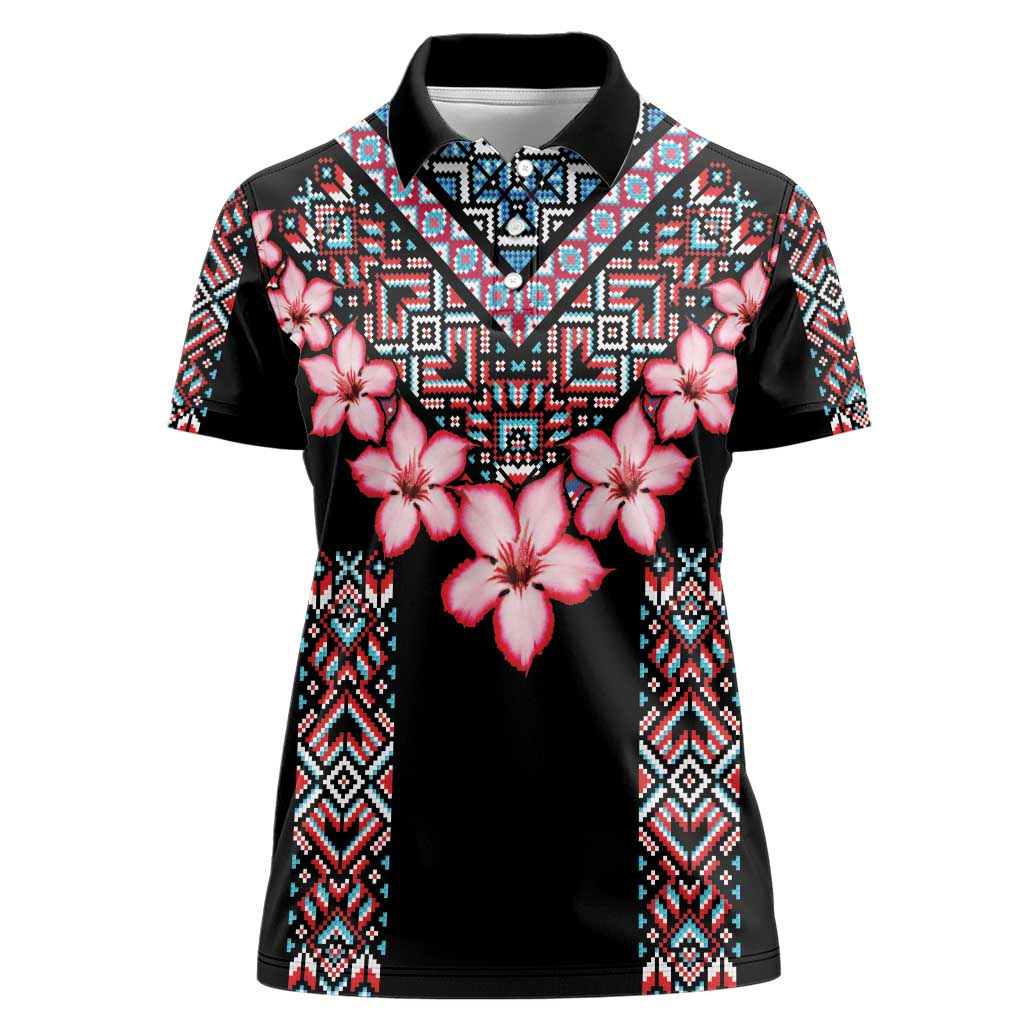 Africa Adenium Multiflorum Flowers Women Polo Shirt Mix Native Tribal Pattern - Wonder Print Shop