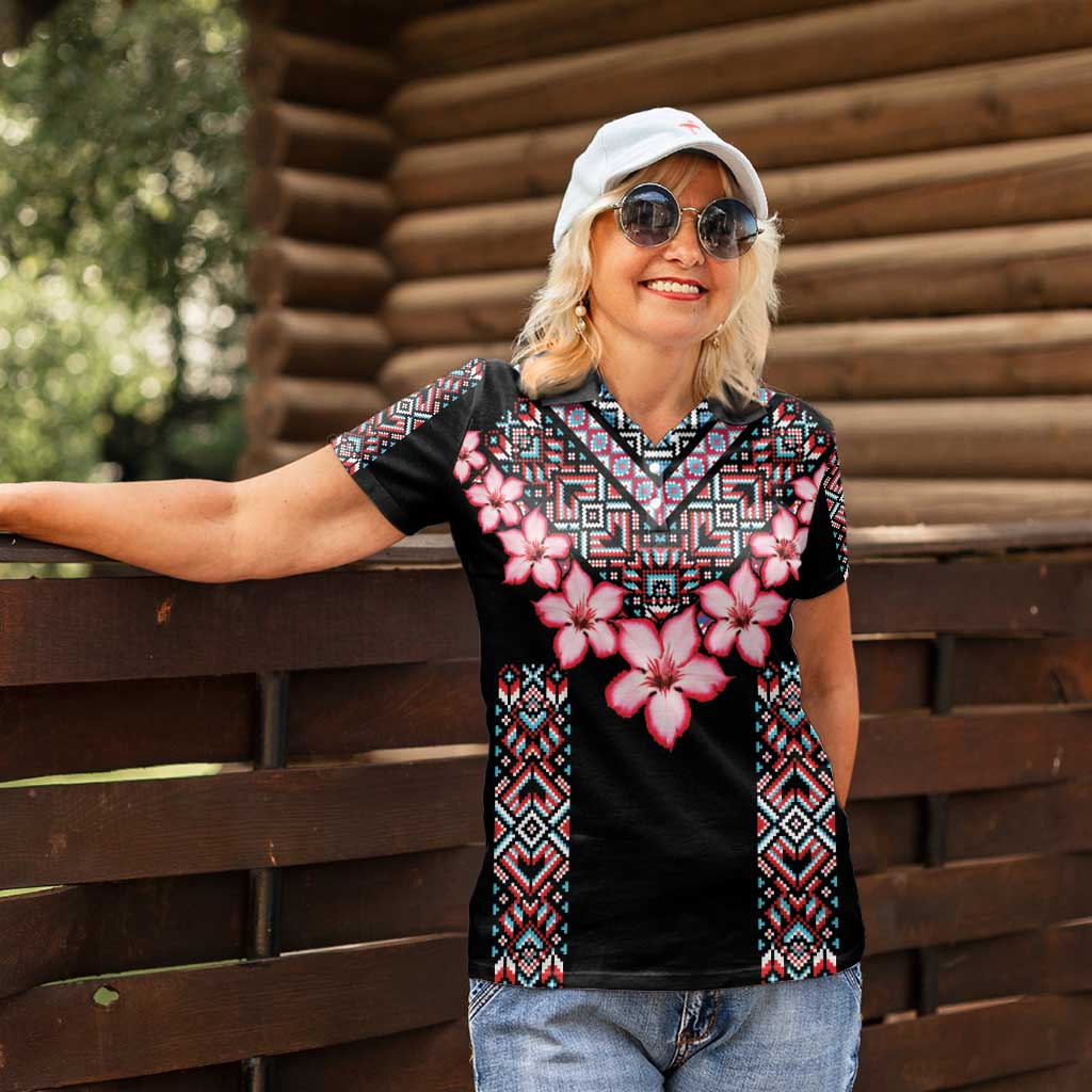 Africa Adenium Multiflorum Flowers Women Polo Shirt Mix Native Tribal Pattern - Wonder Print Shop