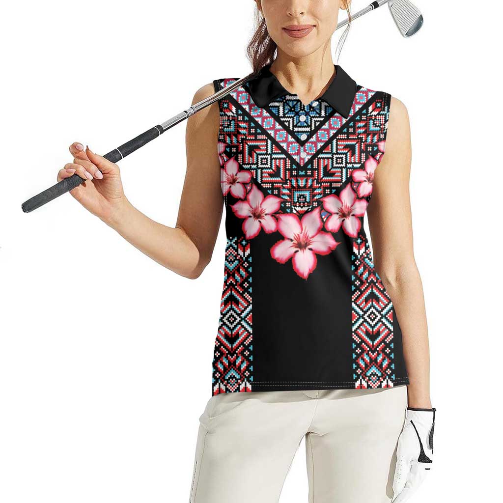 Africa Adenium Multiflorum Flowers Women Sleeveless Polo Shirt Mix Native Tribal Pattern - Wonder Print Shop