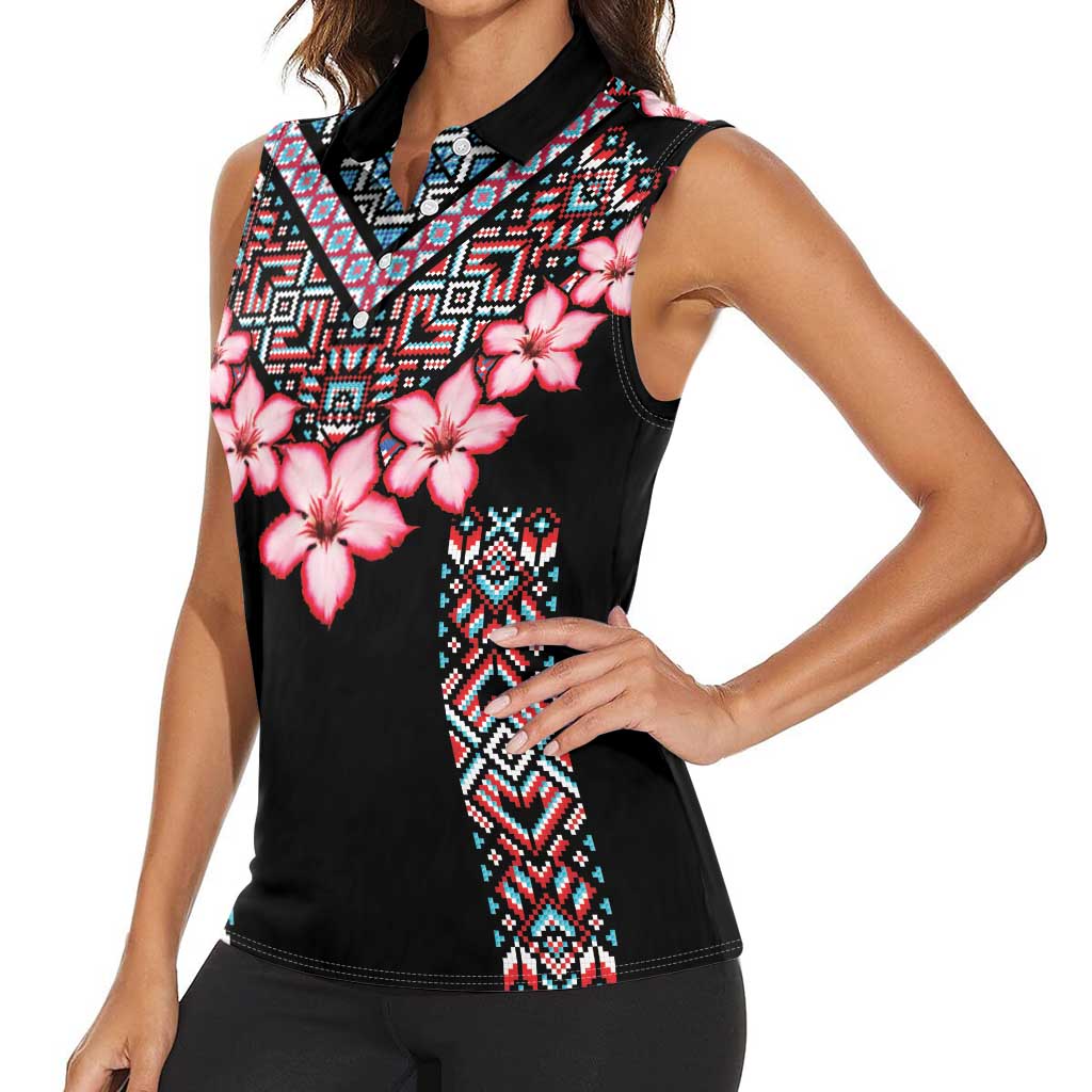Africa Adenium Multiflorum Flowers Women Sleeveless Polo Shirt Mix Native Tribal Pattern - Wonder Print Shop
