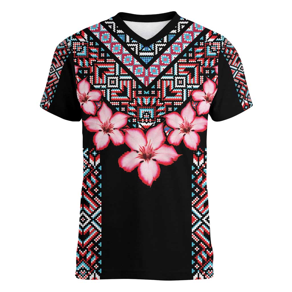Africa Adenium Multiflorum Flowers Women V-Neck T-Shirt Mix Native Tribal Pattern - Wonder Print Shop