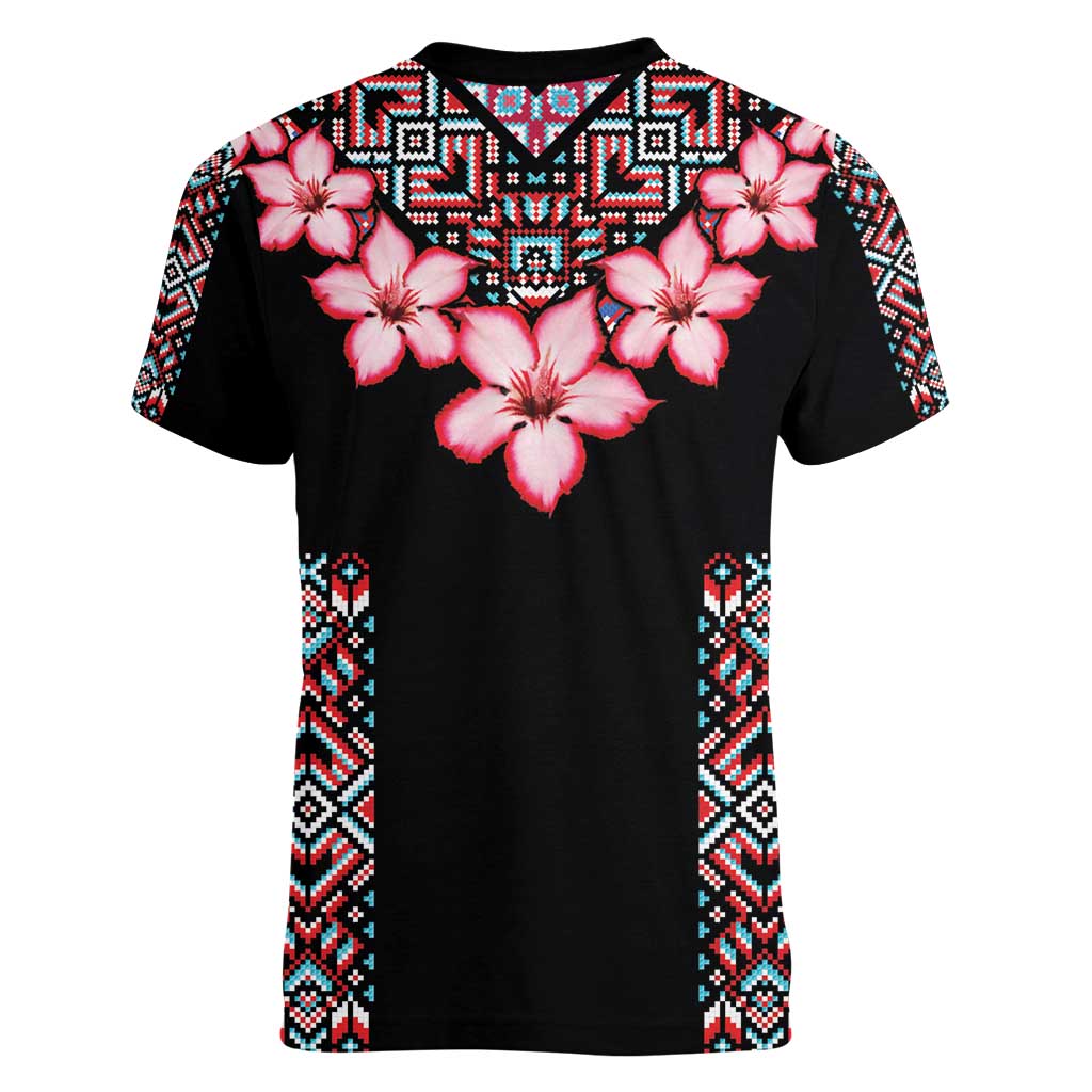 Africa Adenium Multiflorum Flowers Women V-Neck T-Shirt Mix Native Tribal Pattern - Wonder Print Shop