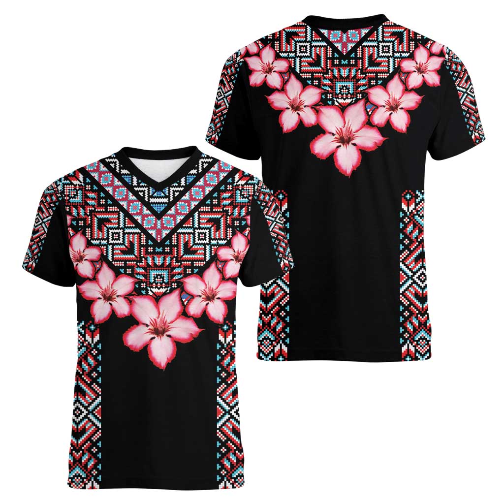 Africa Adenium Multiflorum Flowers Women V-Neck T-Shirt Mix Native Tribal Pattern - Wonder Print Shop
