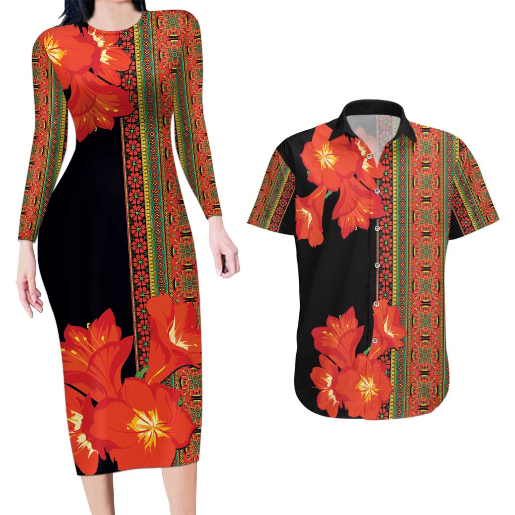 Africa Beauty Clivia Miniata Flowers Couples Matching Long Sleeve Bodycon Dress and Hawaiian Shirt LT9 - Wonder Print Shop