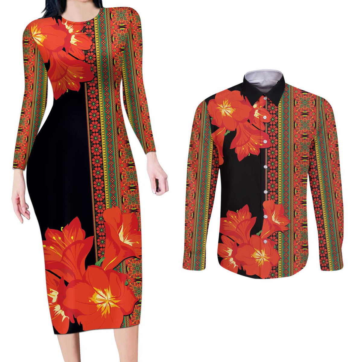 Africa Beauty Clivia Miniata Flowers Couples Matching Long Sleeve Bodycon Dress and Long Sleeve Button Shirt LT9 - Wonder Print Shop