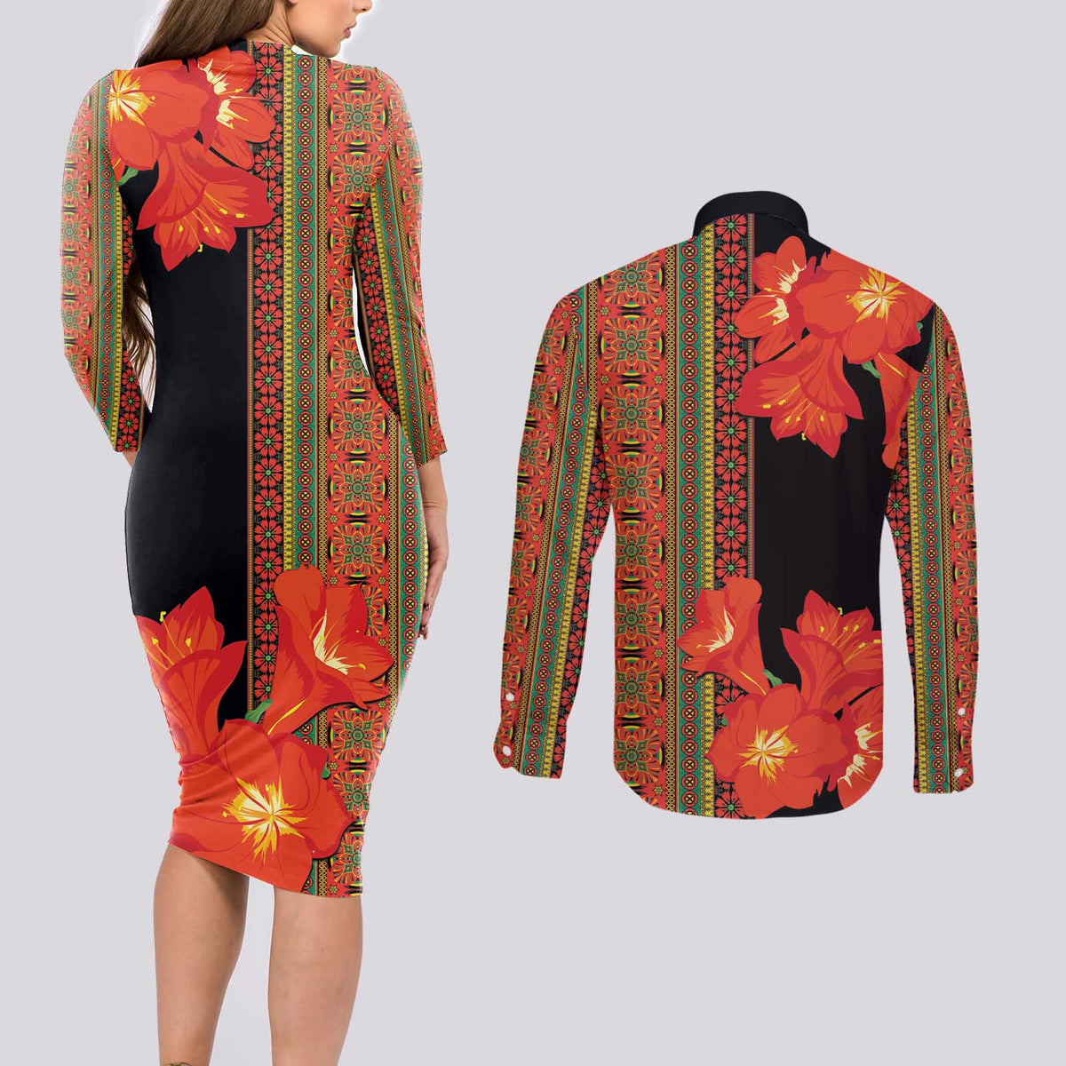 Africa Beauty Clivia Miniata Flowers Couples Matching Long Sleeve Bodycon Dress and Long Sleeve Button Shirt LT9 - Wonder Print Shop