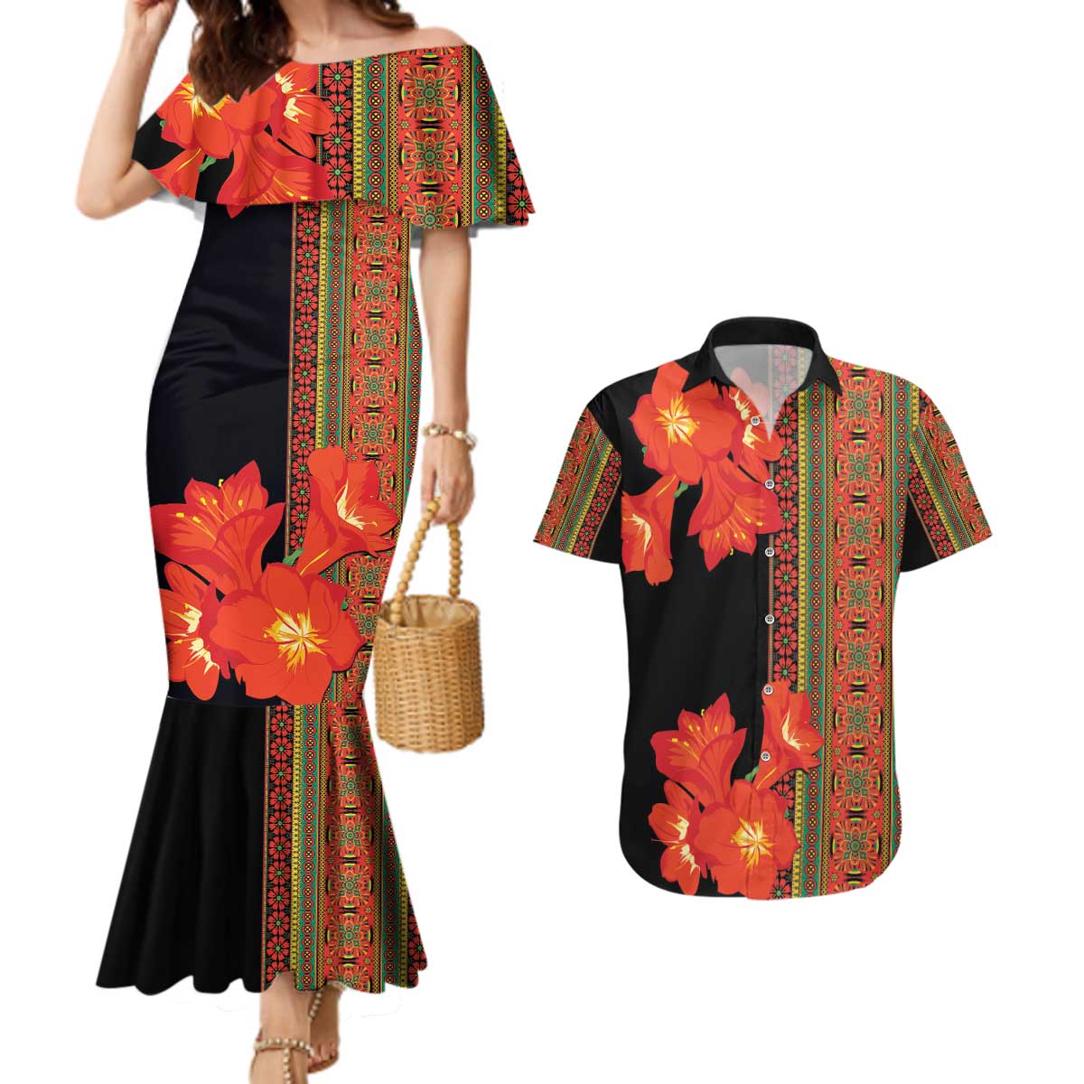 Africa Beauty Clivia Miniata Flowers Couples Matching Mermaid Dress and Hawaiian Shirt LT9 - Wonder Print Shop