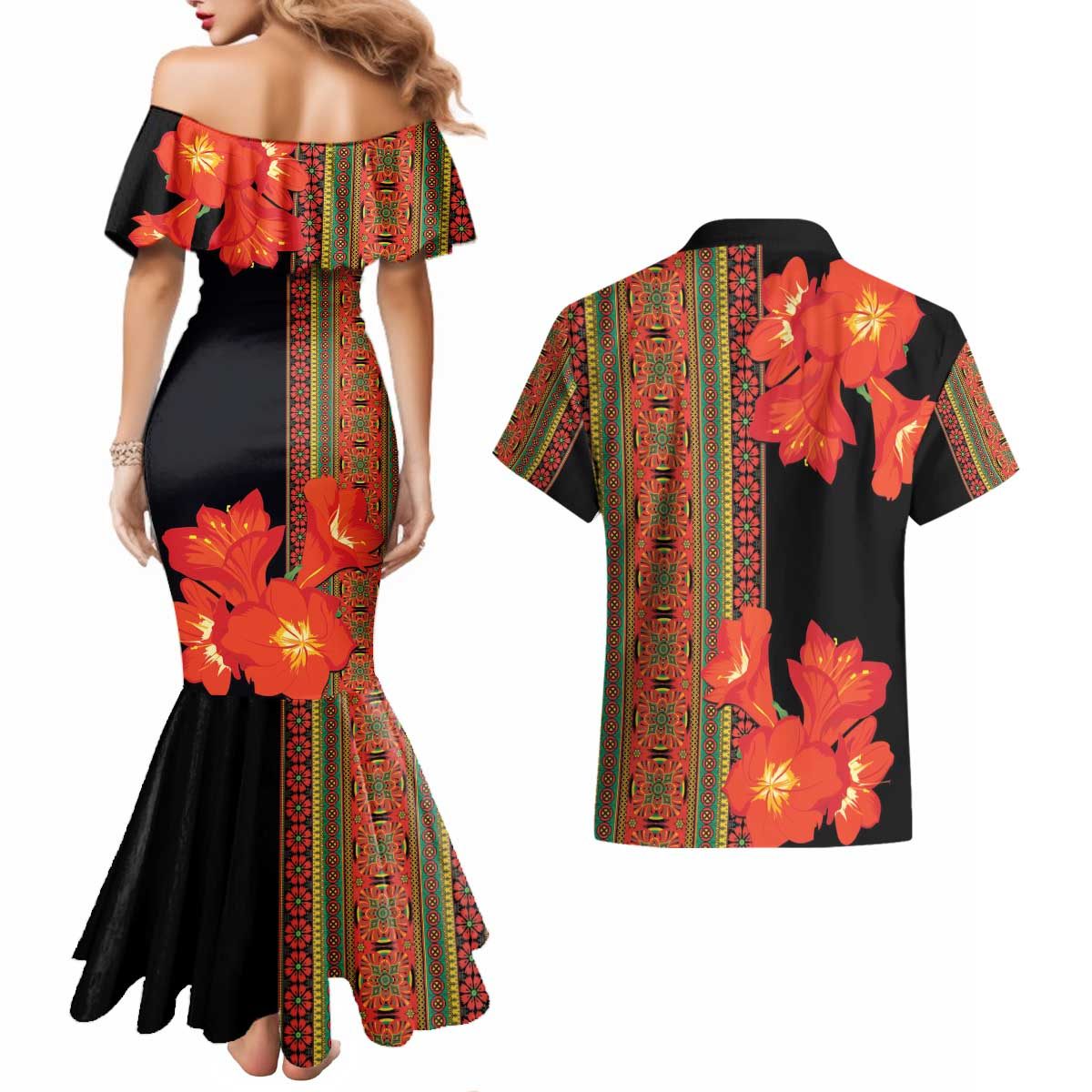 Africa Beauty Clivia Miniata Flowers Couples Matching Mermaid Dress and Hawaiian Shirt LT9 - Wonder Print Shop