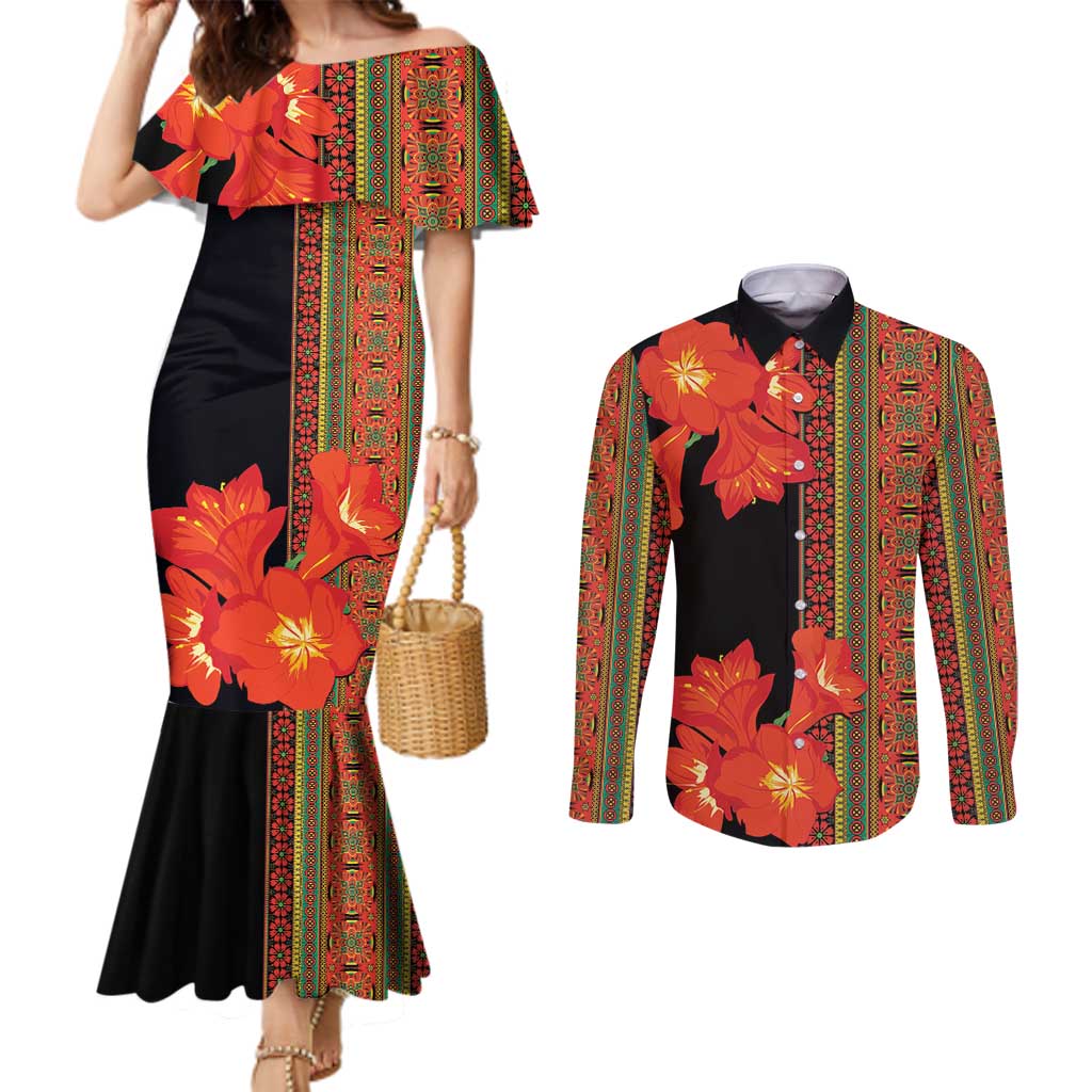 Africa Beauty Clivia Miniata Flowers Couples Matching Mermaid Dress and Long Sleeve Button Shirt