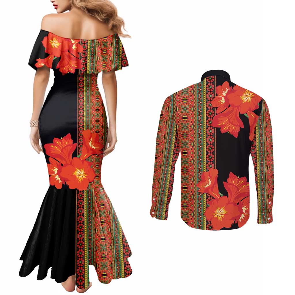 Africa Beauty Clivia Miniata Flowers Couples Matching Mermaid Dress and Long Sleeve Button Shirt