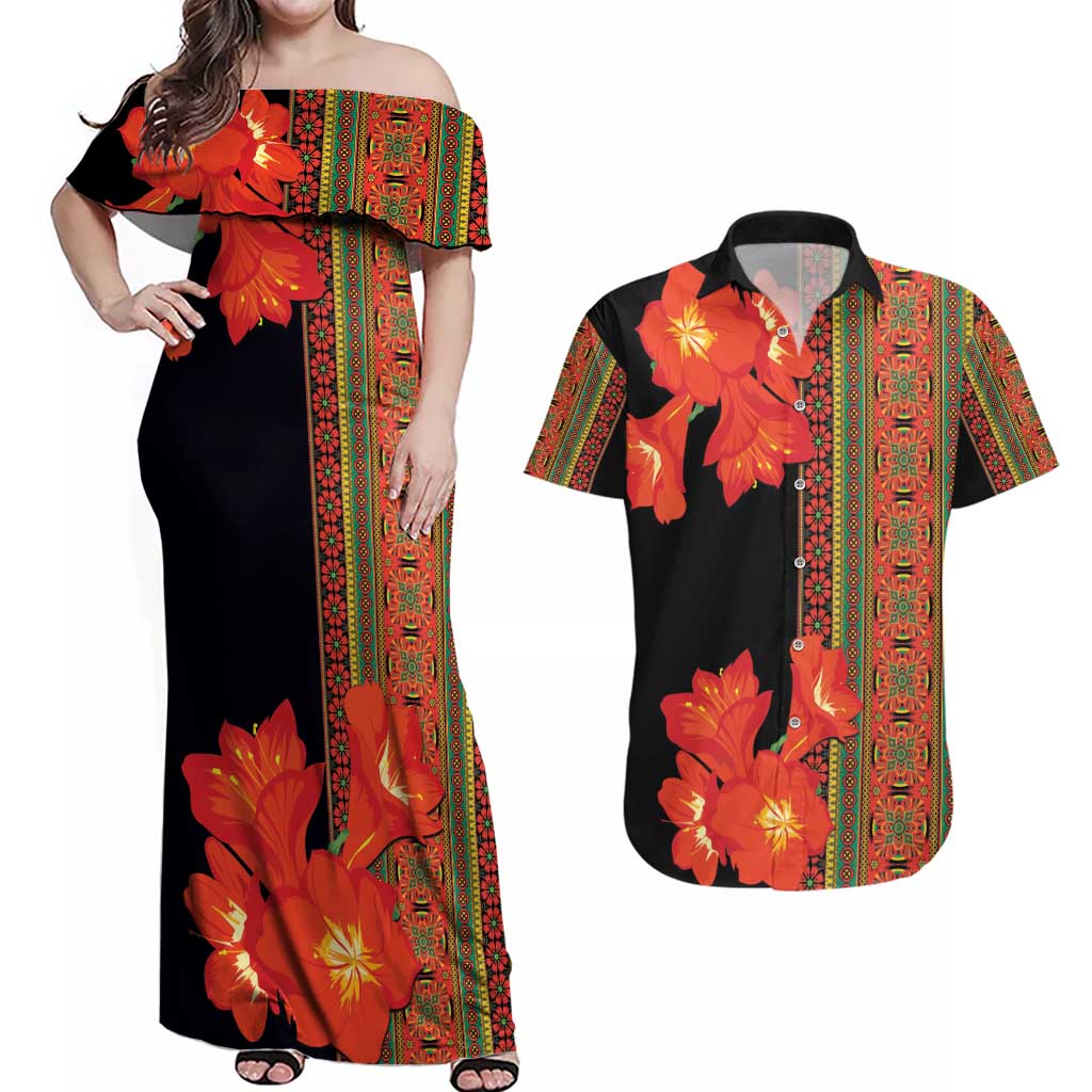 Africa Beauty Clivia Miniata Flowers Couples Matching Off Shoulder Maxi Dress and Hawaiian Shirt LT9 - Wonder Print Shop