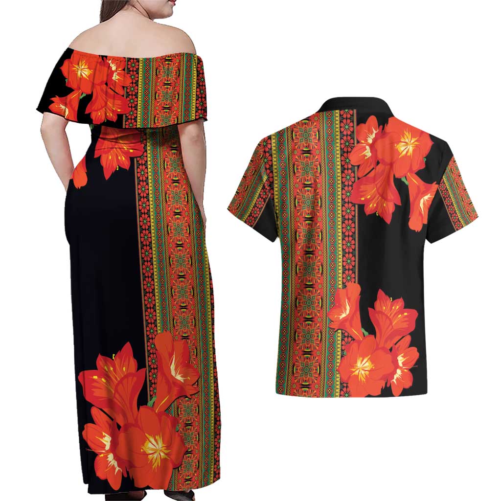 Africa Beauty Clivia Miniata Flowers Couples Matching Off Shoulder Maxi Dress and Hawaiian Shirt LT9 - Wonder Print Shop