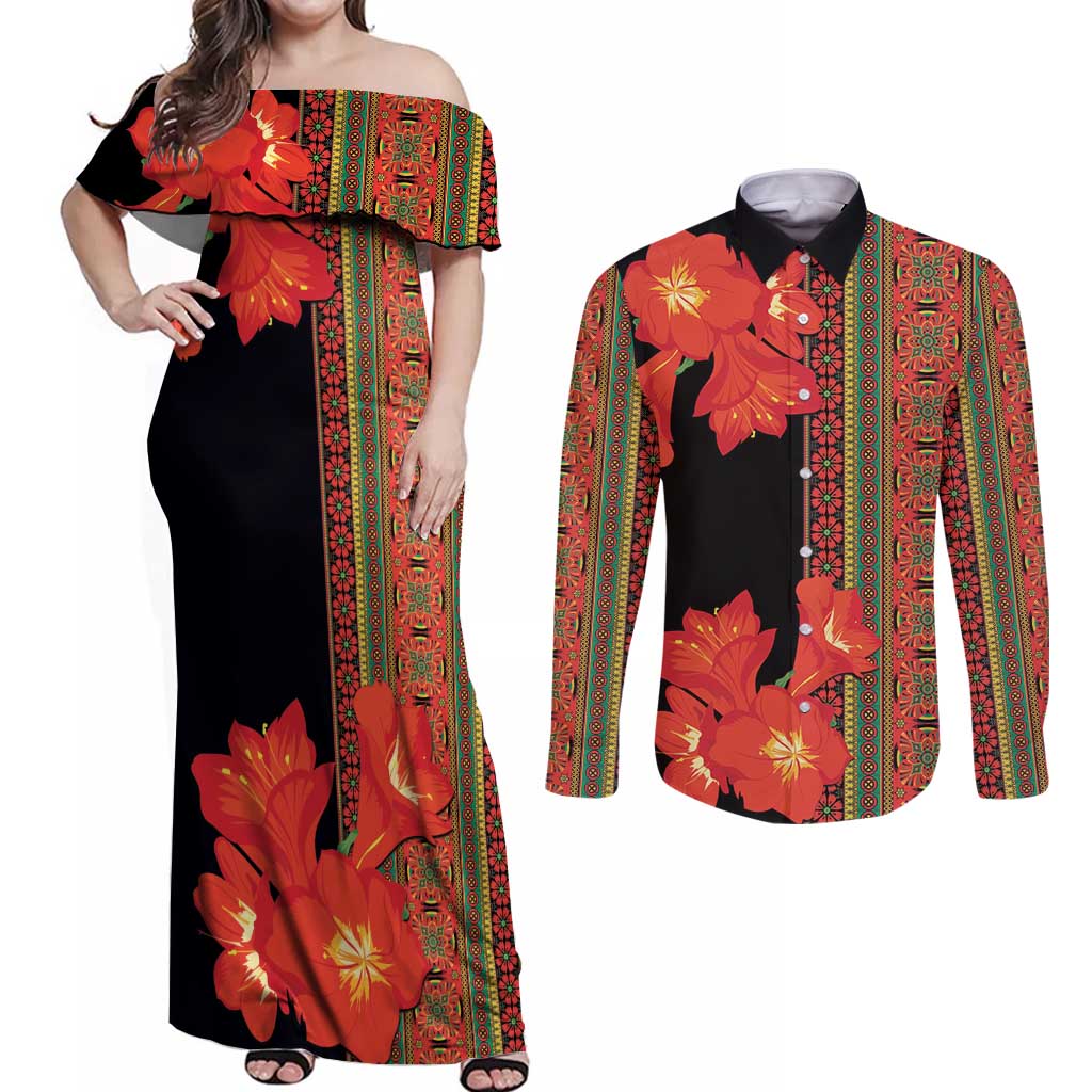 Africa Beauty Clivia Miniata Flowers Couples Matching Off Shoulder Maxi Dress and Long Sleeve Button Shirt LT9 - Wonder Print Shop
