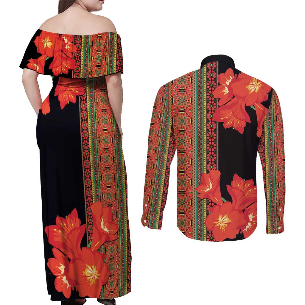 Africa Beauty Clivia Miniata Flowers Couples Matching Off Shoulder Maxi Dress and Long Sleeve Button Shirt LT9 - Wonder Print Shop