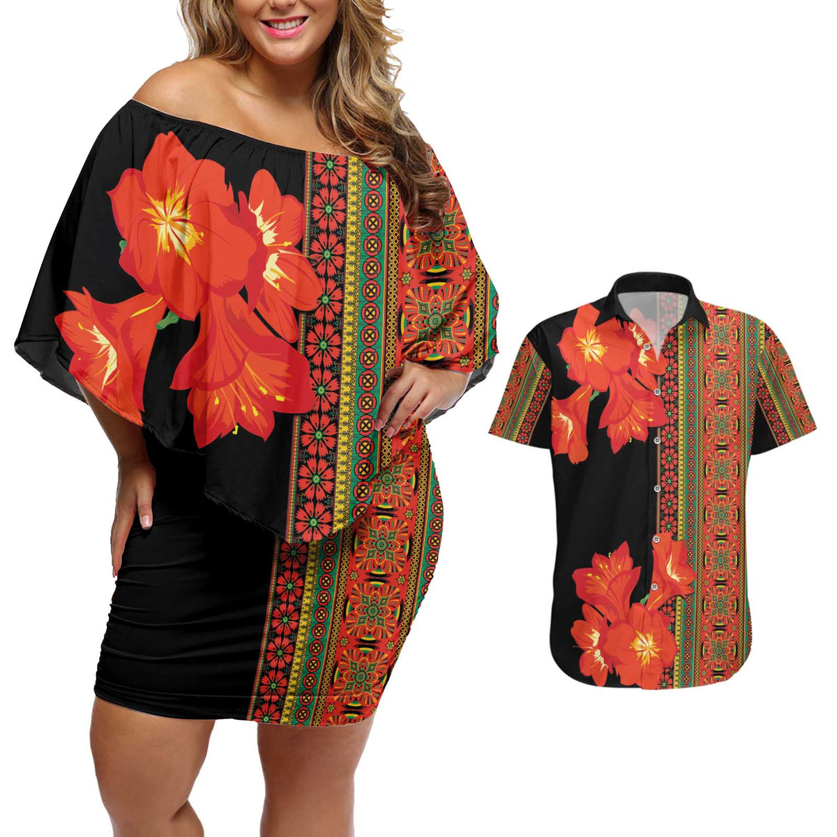 Africa Beauty Clivia Miniata Flowers Couples Matching Off Shoulder Short Dress and Hawaiian Shirt LT9 - Wonder Print Shop