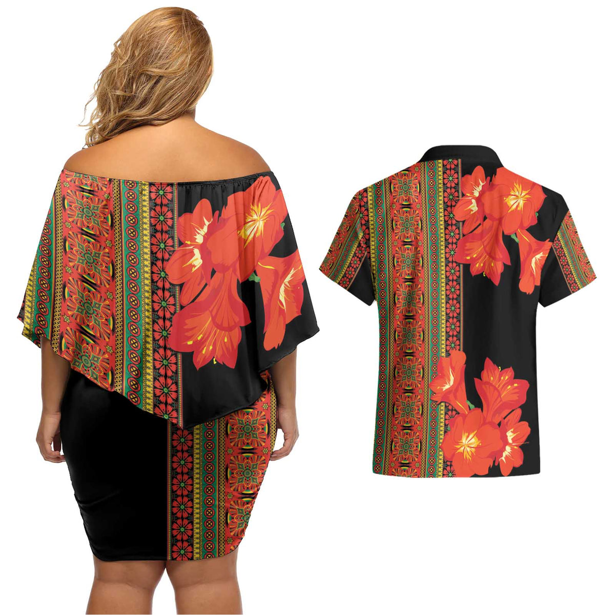 Africa Beauty Clivia Miniata Flowers Couples Matching Off Shoulder Short Dress and Hawaiian Shirt LT9 - Wonder Print Shop
