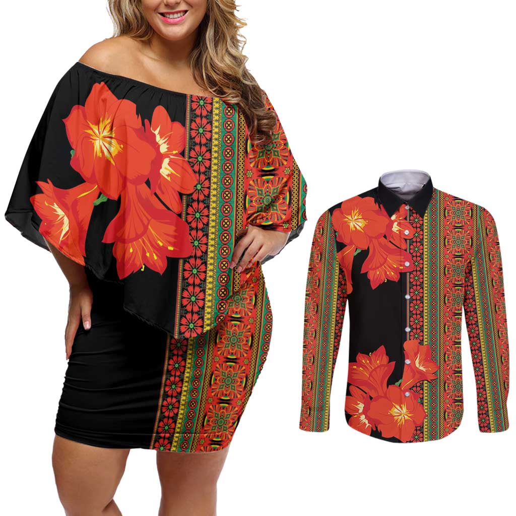 Africa Beauty Clivia Miniata Flowers Couples Matching Off Shoulder Short Dress and Long Sleeve Button Shirt LT9 - Wonder Print Shop