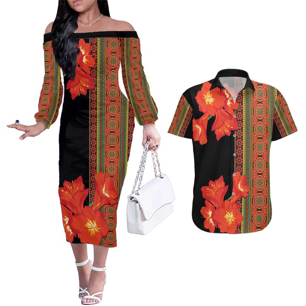 Africa Beauty Clivia Miniata Flowers Couples Matching Off The Shoulder Long Sleeve Dress and Hawaiian Shirt LT9 - Wonder Print Shop