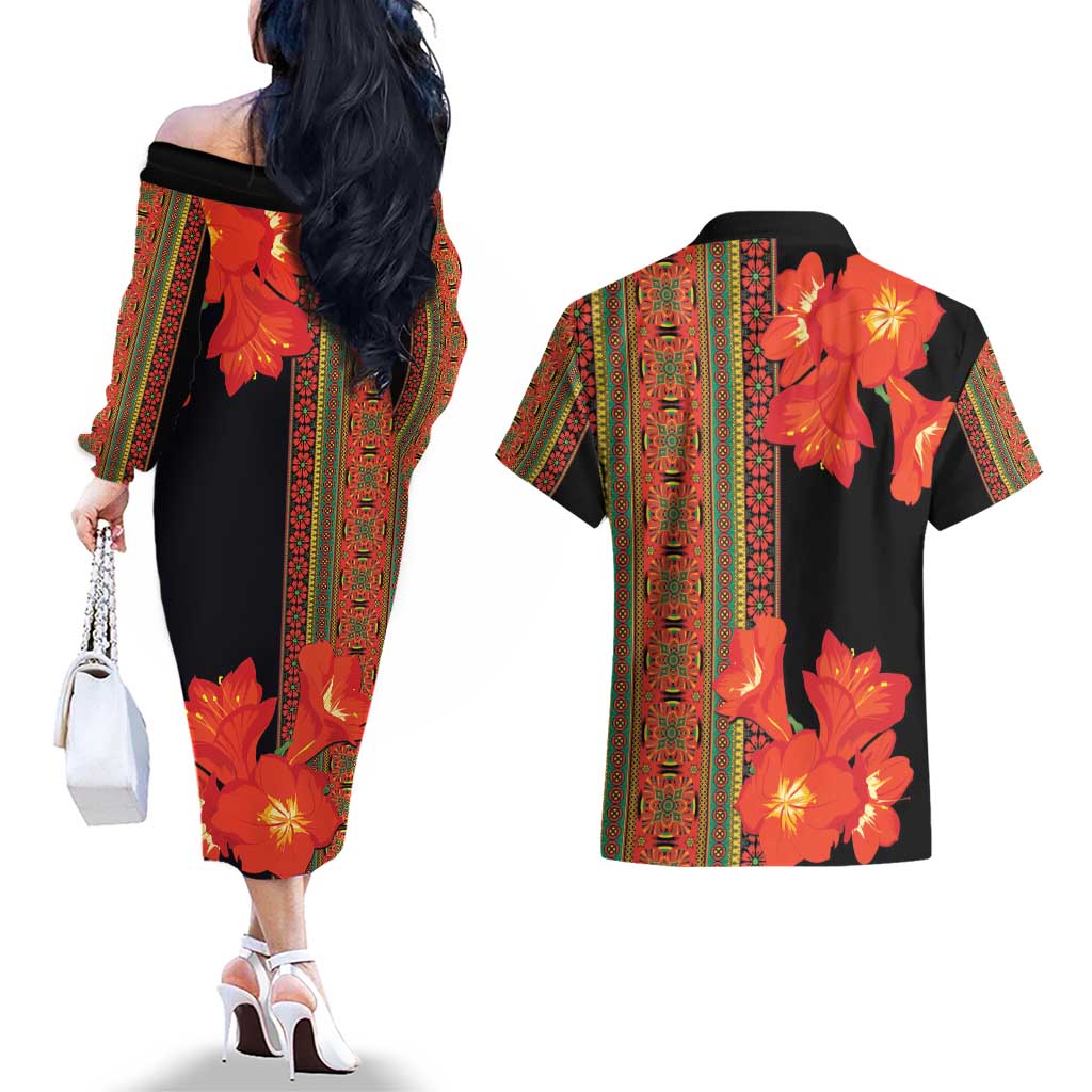 Africa Beauty Clivia Miniata Flowers Couples Matching Off The Shoulder Long Sleeve Dress and Hawaiian Shirt LT9 - Wonder Print Shop