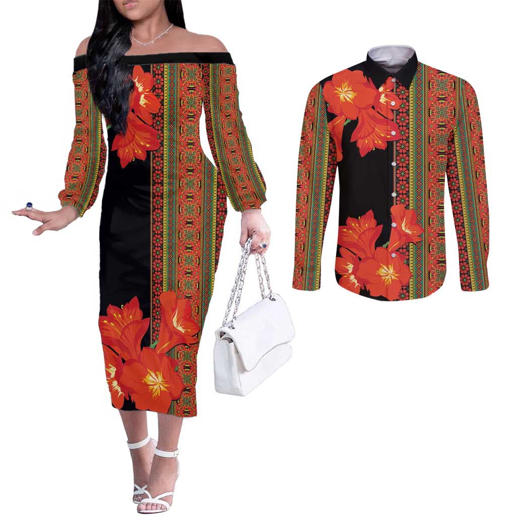 Africa Beauty Clivia Miniata Flowers Couples Matching Off The Shoulder Long Sleeve Dress and Long Sleeve Button Shirt