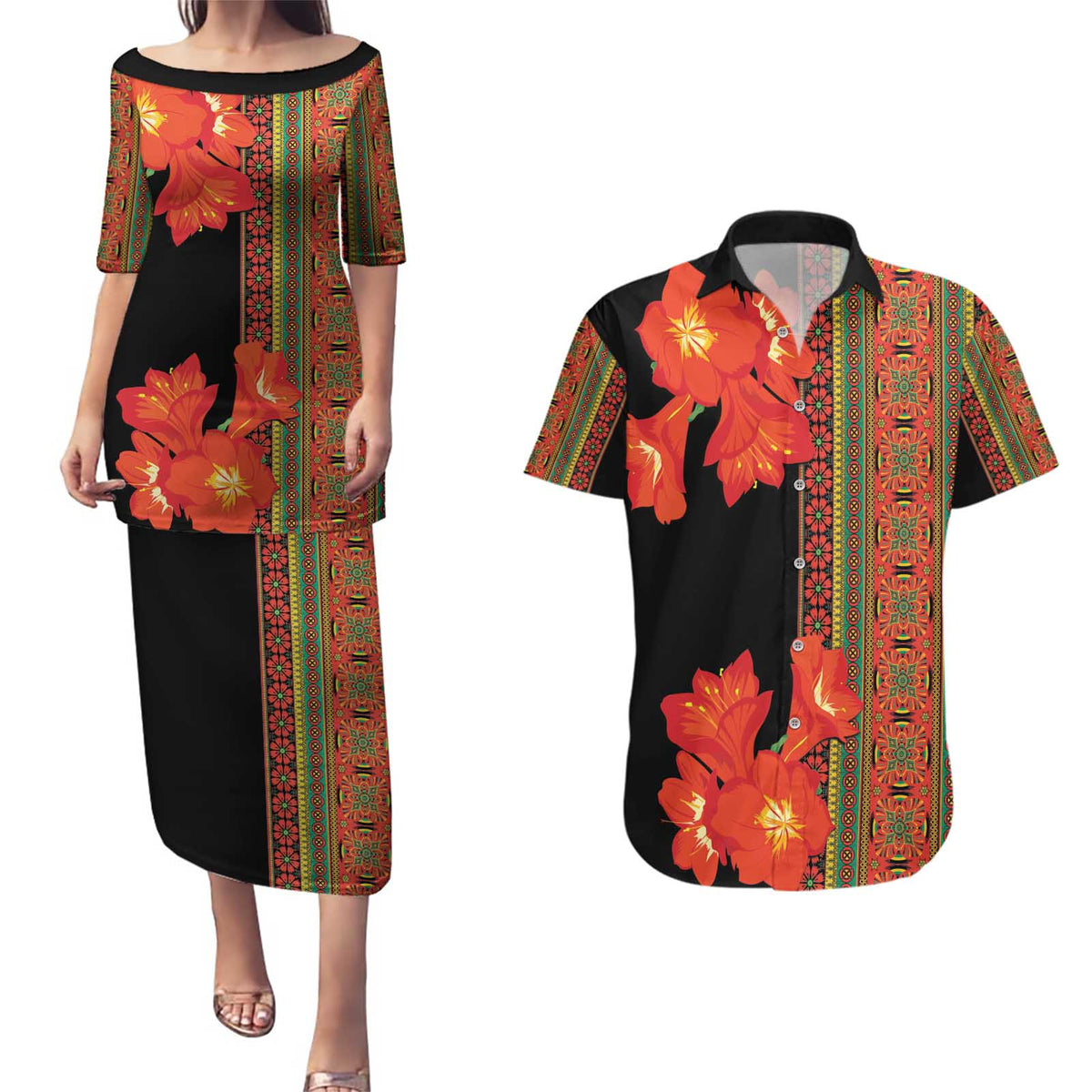 Africa Beauty Clivia Miniata Flowers Couples Matching Puletasi and Hawaiian Shirt LT9 - Wonder Print Shop