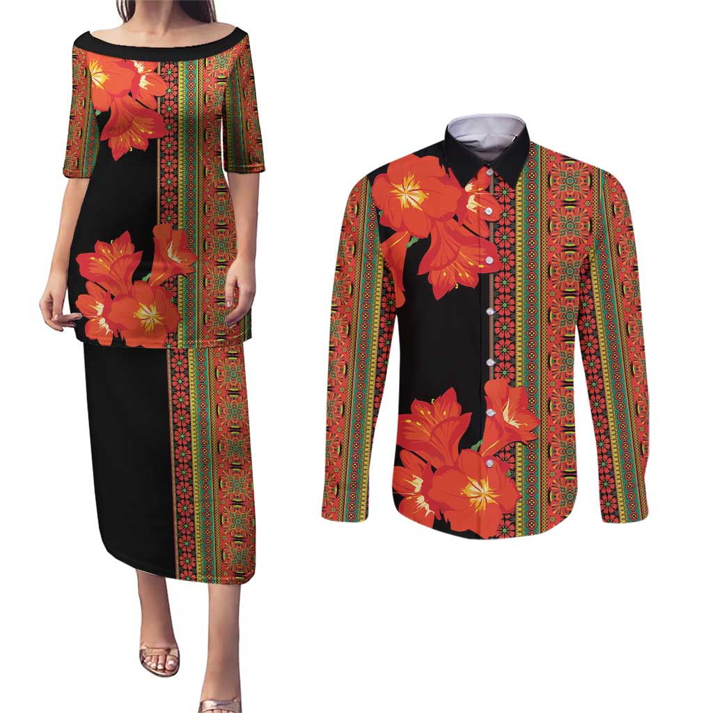 Africa Beauty Clivia Miniata Flowers Couples Matching Puletasi and Long Sleeve Button Shirt LT9 - Wonder Print Shop
