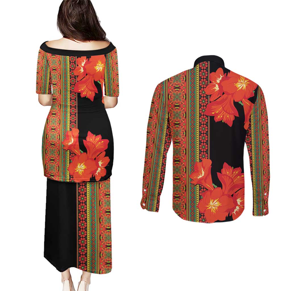 Africa Beauty Clivia Miniata Flowers Couples Matching Puletasi and Long Sleeve Button Shirt LT9 - Wonder Print Shop