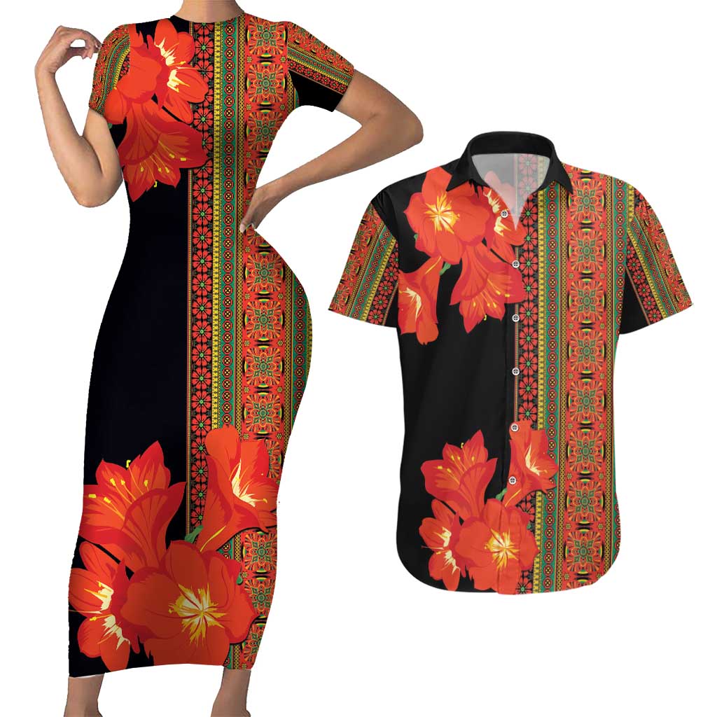 Africa Beauty Clivia Miniata Flowers Couples Matching Short Sleeve Bodycon Dress and Hawaiian Shirt LT9 - Wonder Print Shop