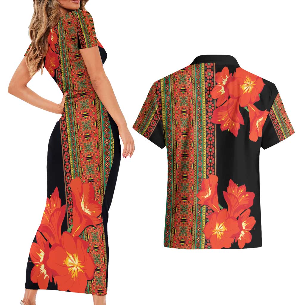 Africa Beauty Clivia Miniata Flowers Couples Matching Short Sleeve Bodycon Dress and Hawaiian Shirt LT9 - Wonder Print Shop