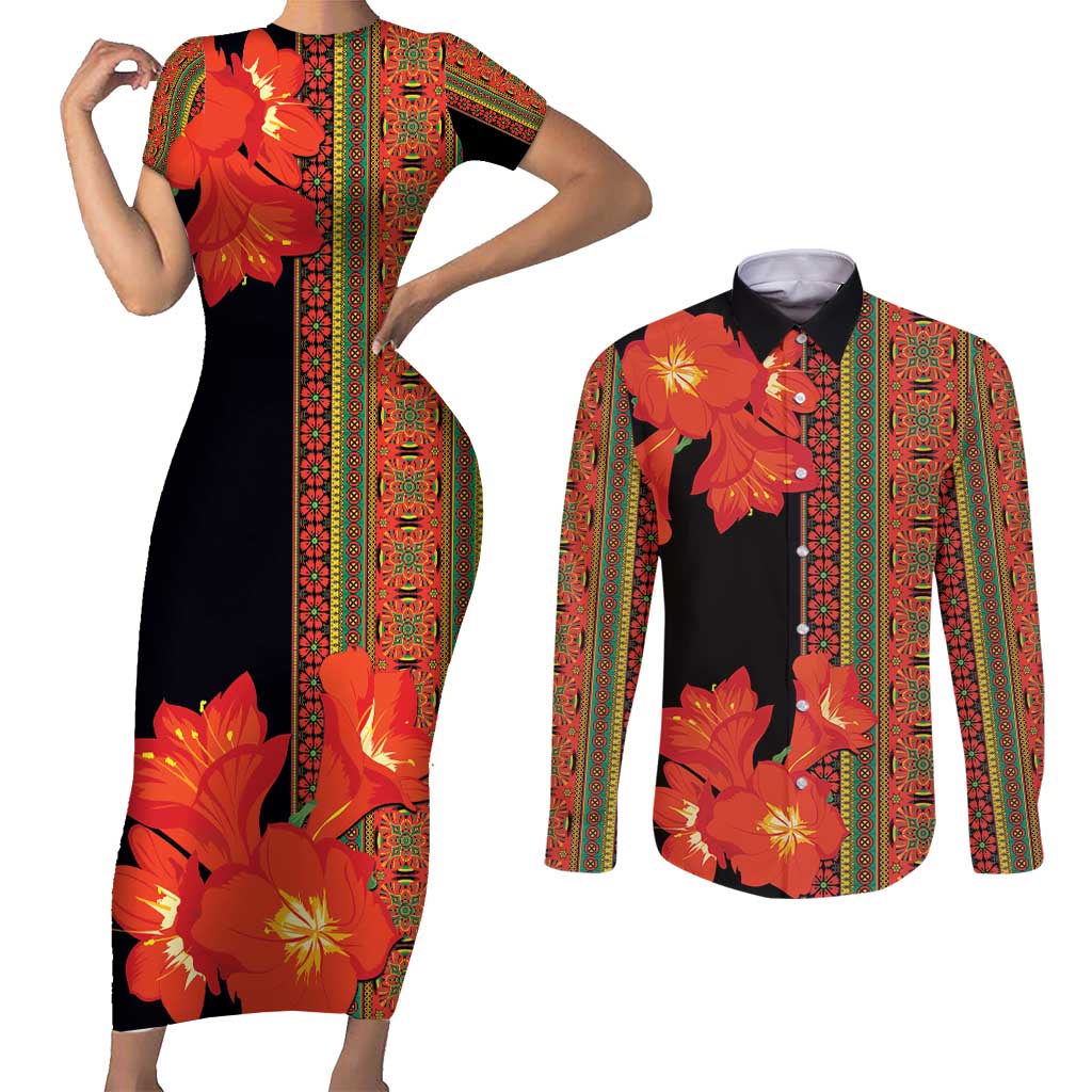Africa Beauty Clivia Miniata Flowers Couples Matching Short Sleeve Bodycon Dress and Long Sleeve Button Shirt LT9 - Wonder Print Shop
