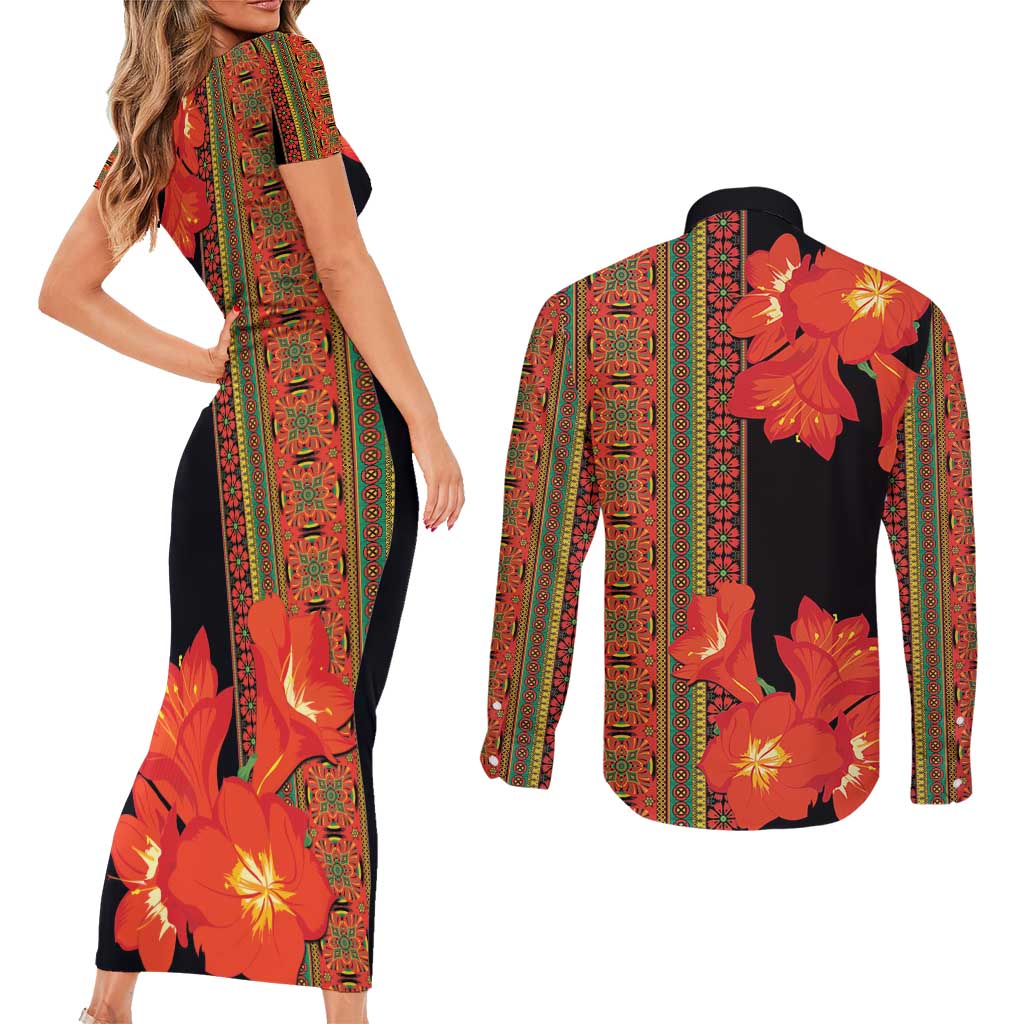 Africa Beauty Clivia Miniata Flowers Couples Matching Short Sleeve Bodycon Dress and Long Sleeve Button Shirt LT9 - Wonder Print Shop